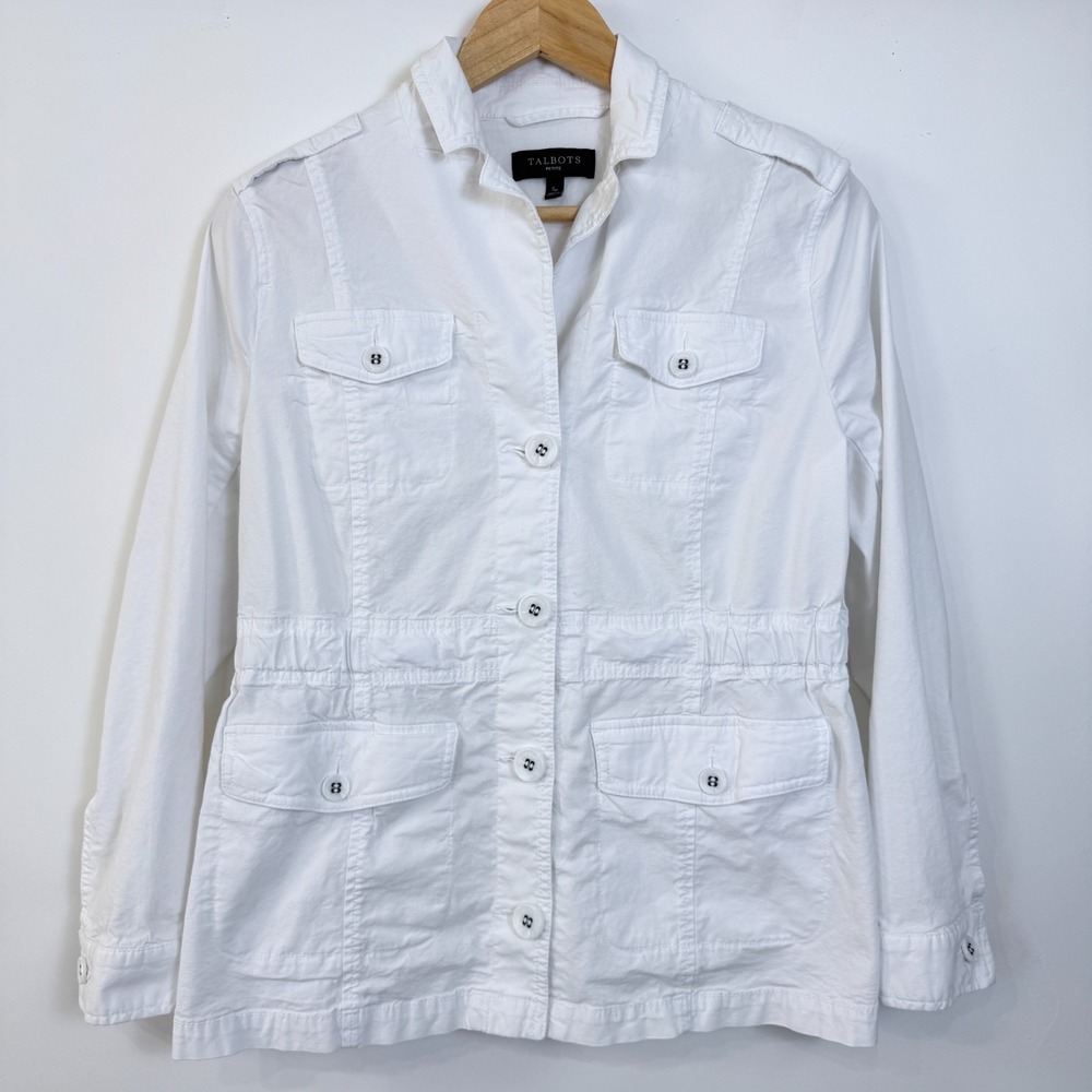Talbots Lightweight Cotton Blend Jacket Size Small Petite White‎ Pockets Stretch